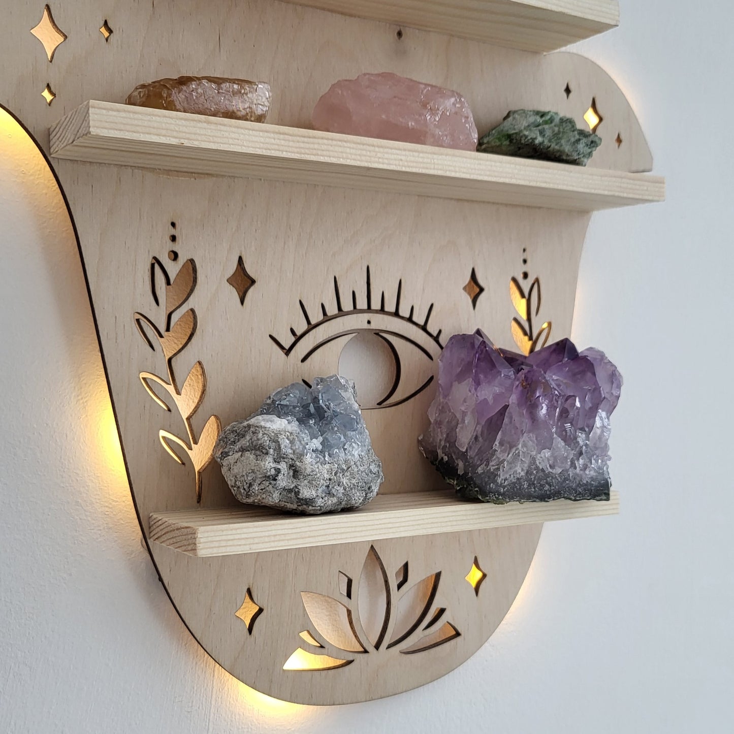 Hamsa Hand Crystal Shelf – Handcrafted Wooden Wall Shelf with LED Light – Unique Crystal Display and Home Décor