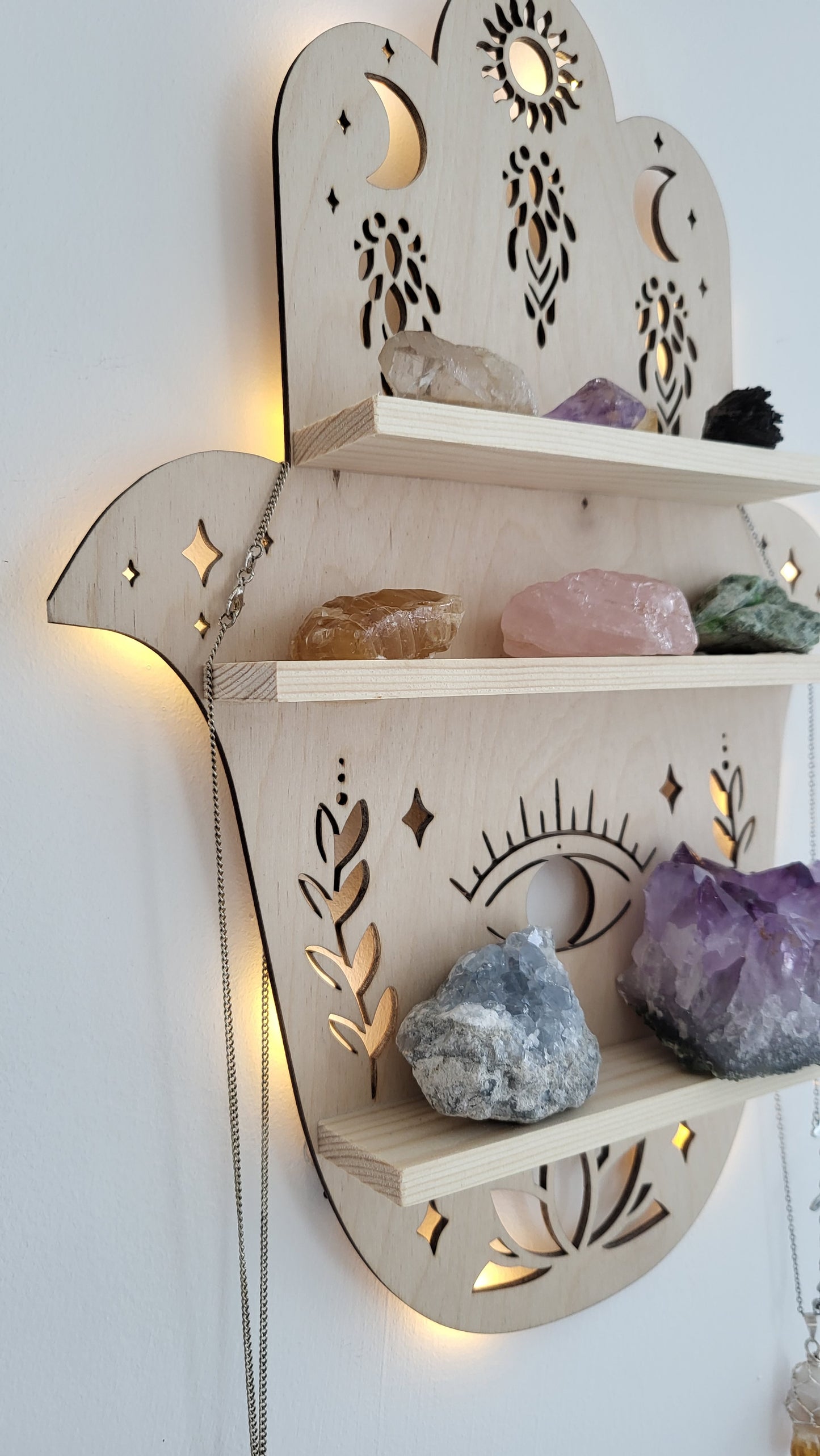 Hamsa Hand Crystal Shelf – Handcrafted Wooden Wall Shelf with LED Light – Unique Crystal Display and Home Décor