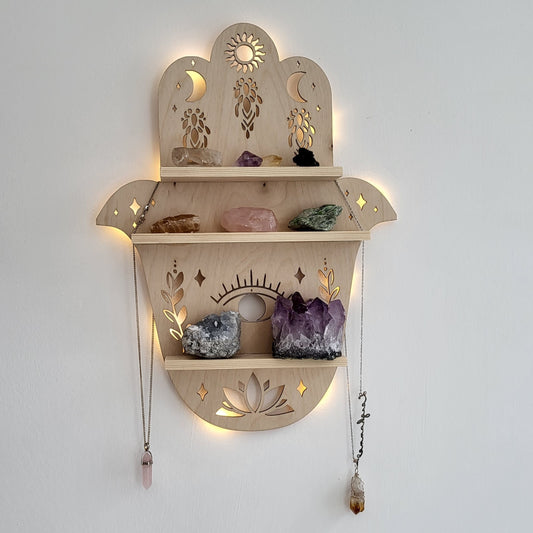 Hamsa Hand Crystal Shelf – Handcrafted Wooden Wall Shelf with LED Light – Unique Crystal Display and Home Décor