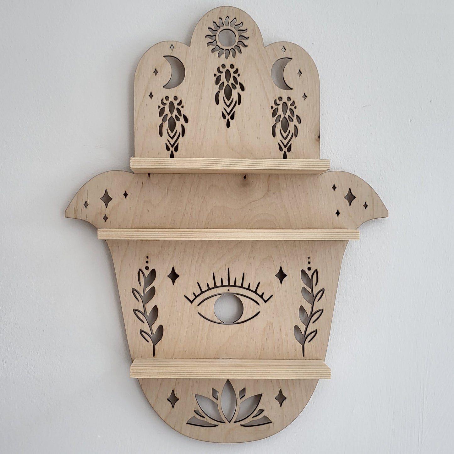 Hamsa Hand Crystal Shelf – Handcrafted Wooden Wall Shelf with LED Light – Unique Crystal Display and Home Décor