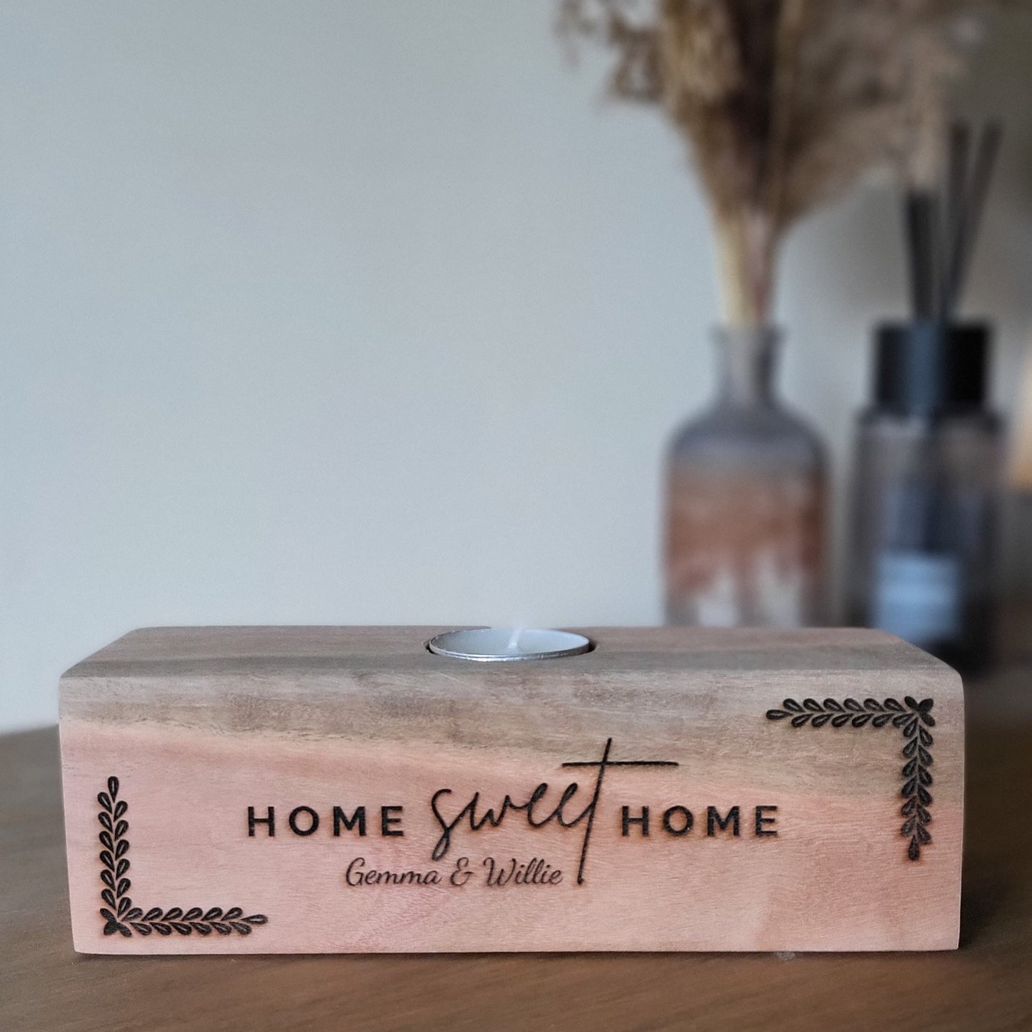 Personalised Hardwood Candle Holder – Custom Engraved 'Home Sweet Home' Tealight Holder with Names – Unique Gift for Home Décor
