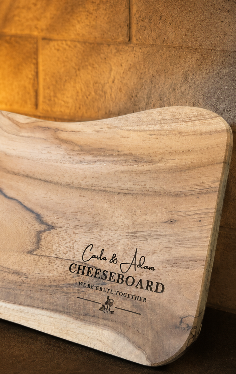 Personalised Engraved Wooden Cheeseboard – Custom Names Gift | "We're Grate Together" Cheese Board