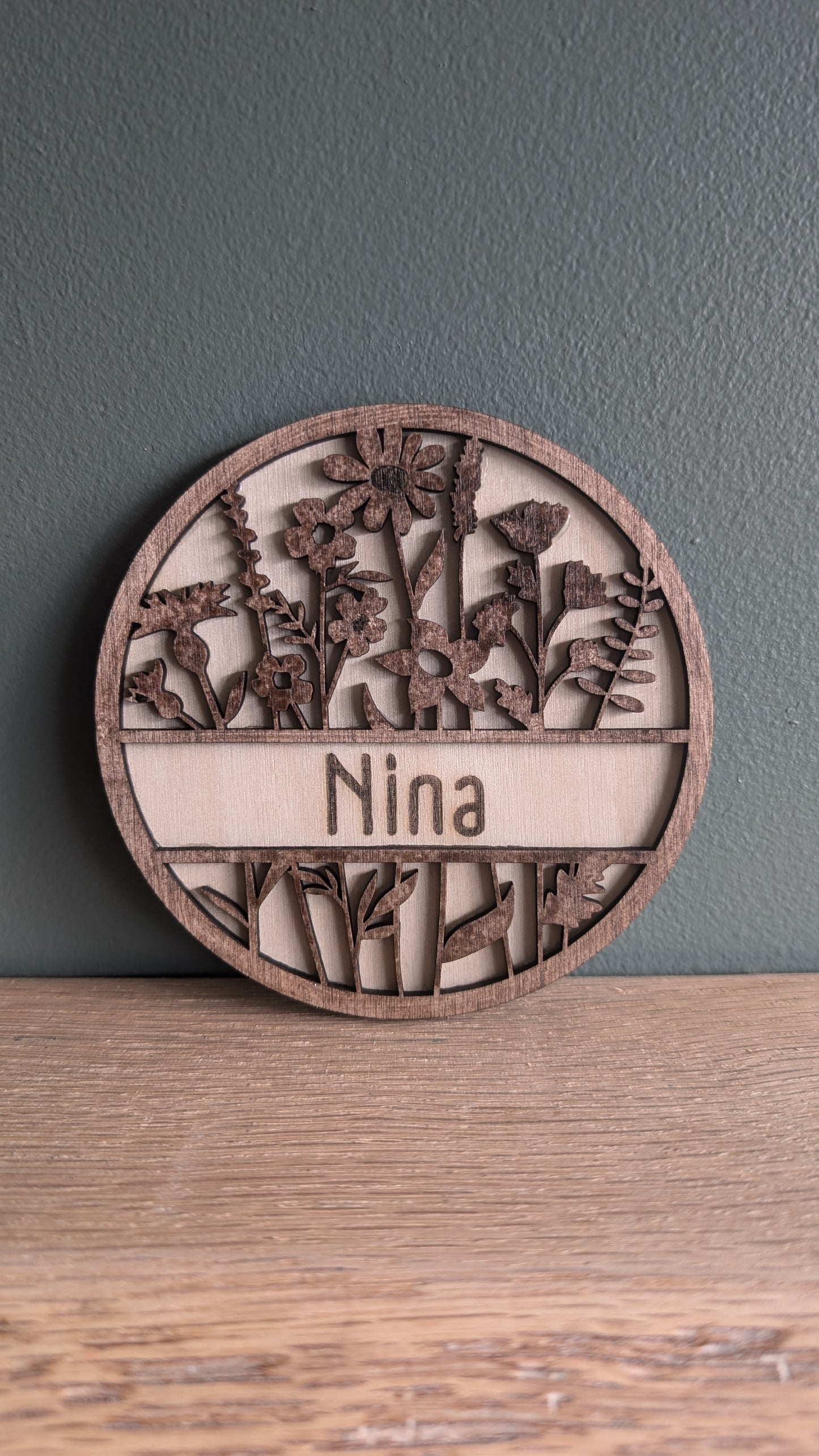 Personalised Wooden Flower Name Plaque - 10cm - Custom Engraved Floral Room Sign – Eco-Friendly Décor for Bedrooms, Nurseries & Gifts