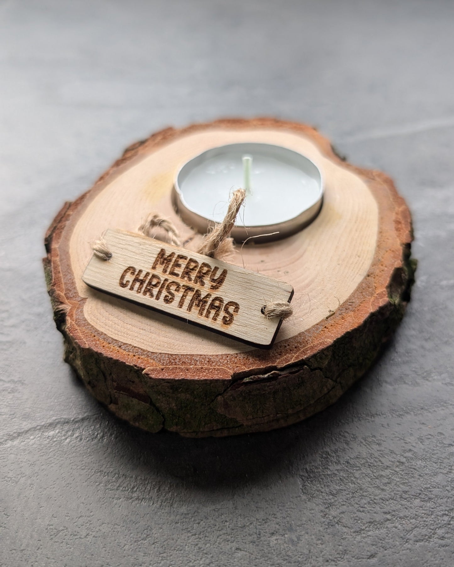 Personalised Wooden Christmas Candle Decoration – Handcrafted Tealight Holder from Reclaimed Wood with Custom Engraved Tag – Eco-Friendly Festive Ornament