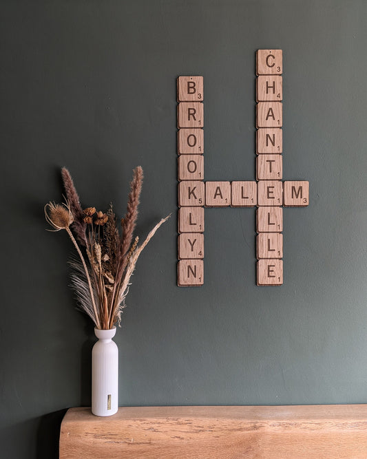 Personalised Wooden Scrabble Name Wall Art – Custom Family Name Decor | Handmade Sustainable Wooden Letter Tiles 5x5cm