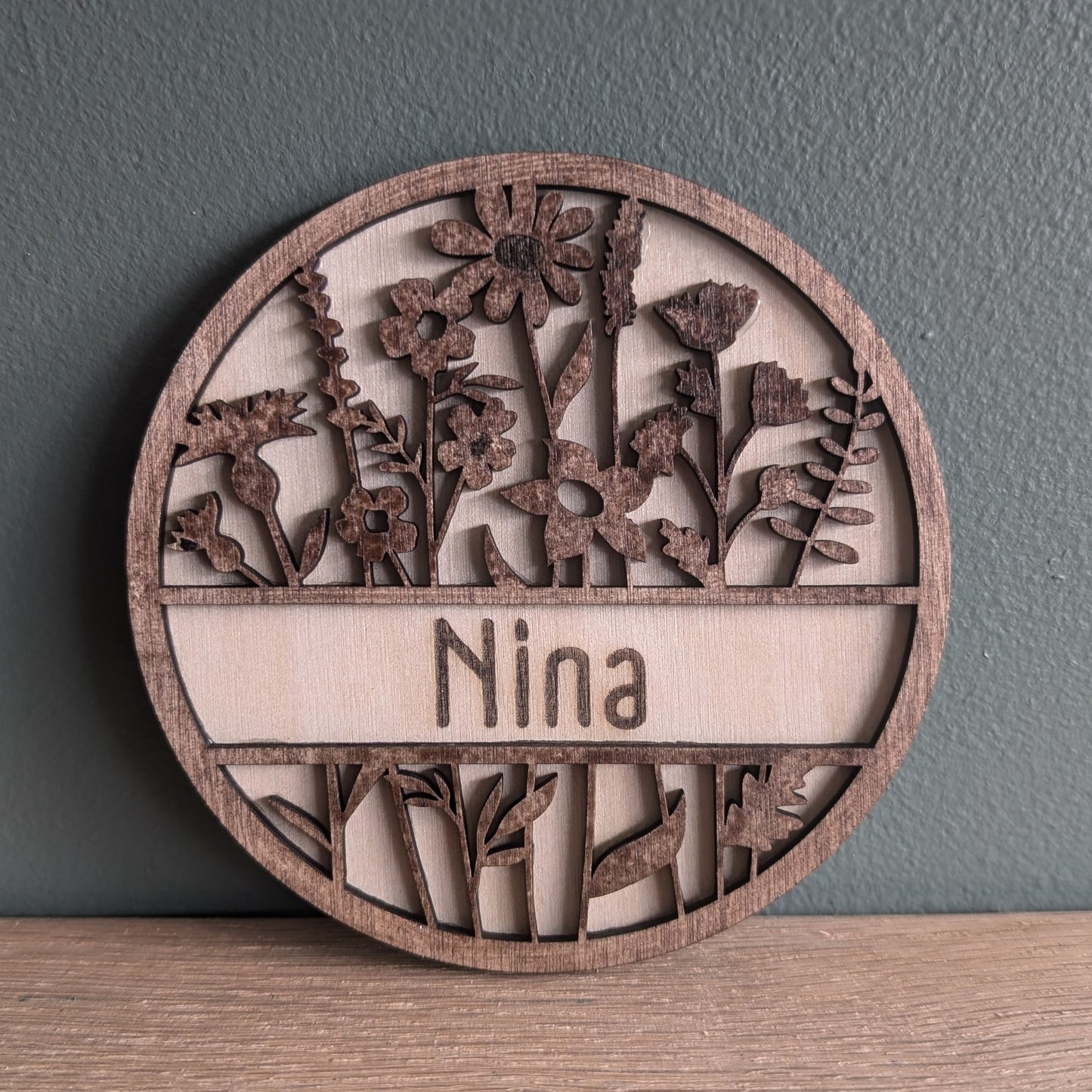 Personalised Wooden Flower Name Plaque - 10cm - Custom Engraved Floral Room Sign – Eco-Friendly Décor for Bedrooms, Nurseries & Gifts