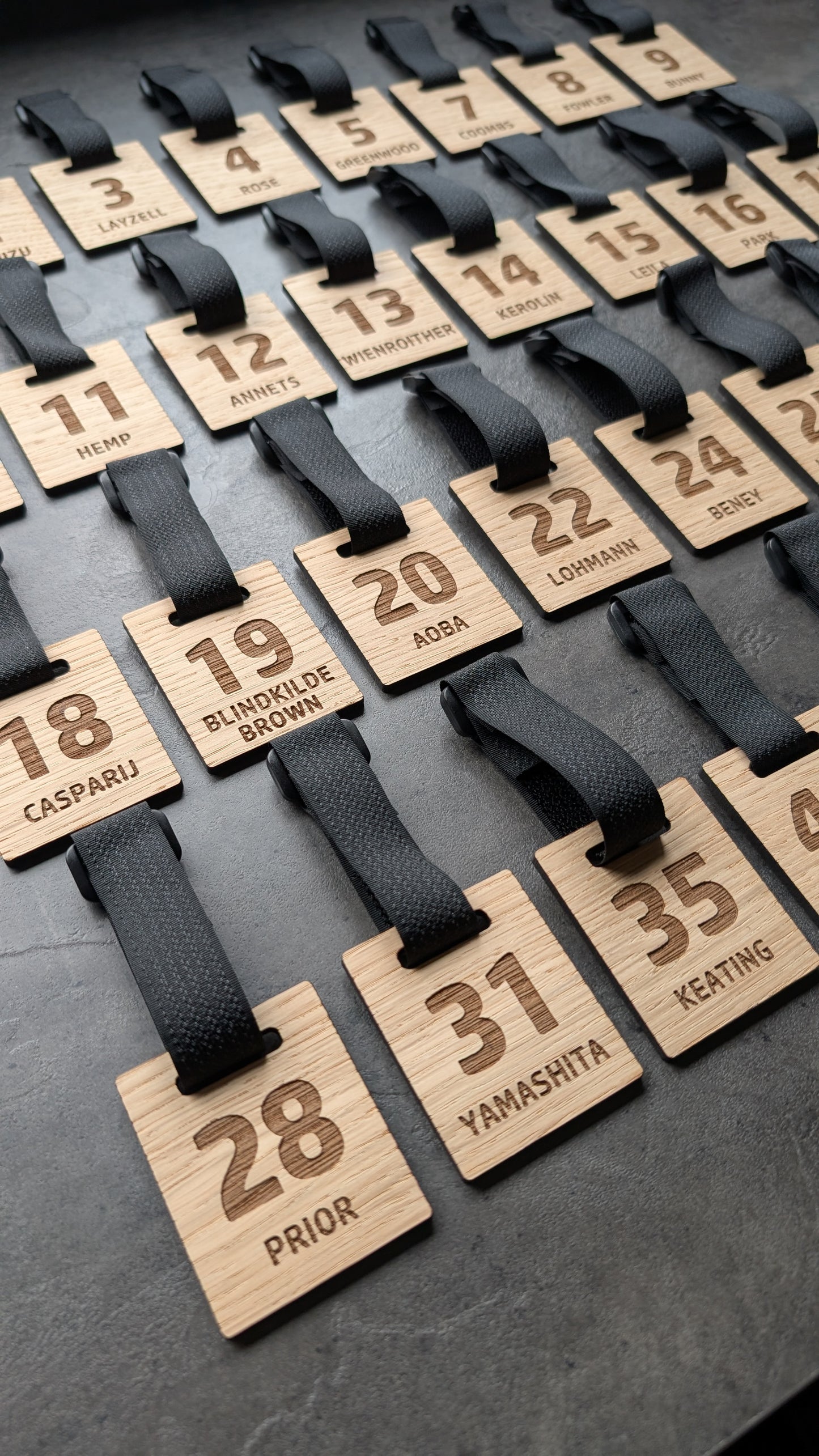 Personalised Wooden Rug sack tags with Custom name and or logo – Engraved Oak Veneer Name Tag – Unique Gift for Teams or back to school accessories