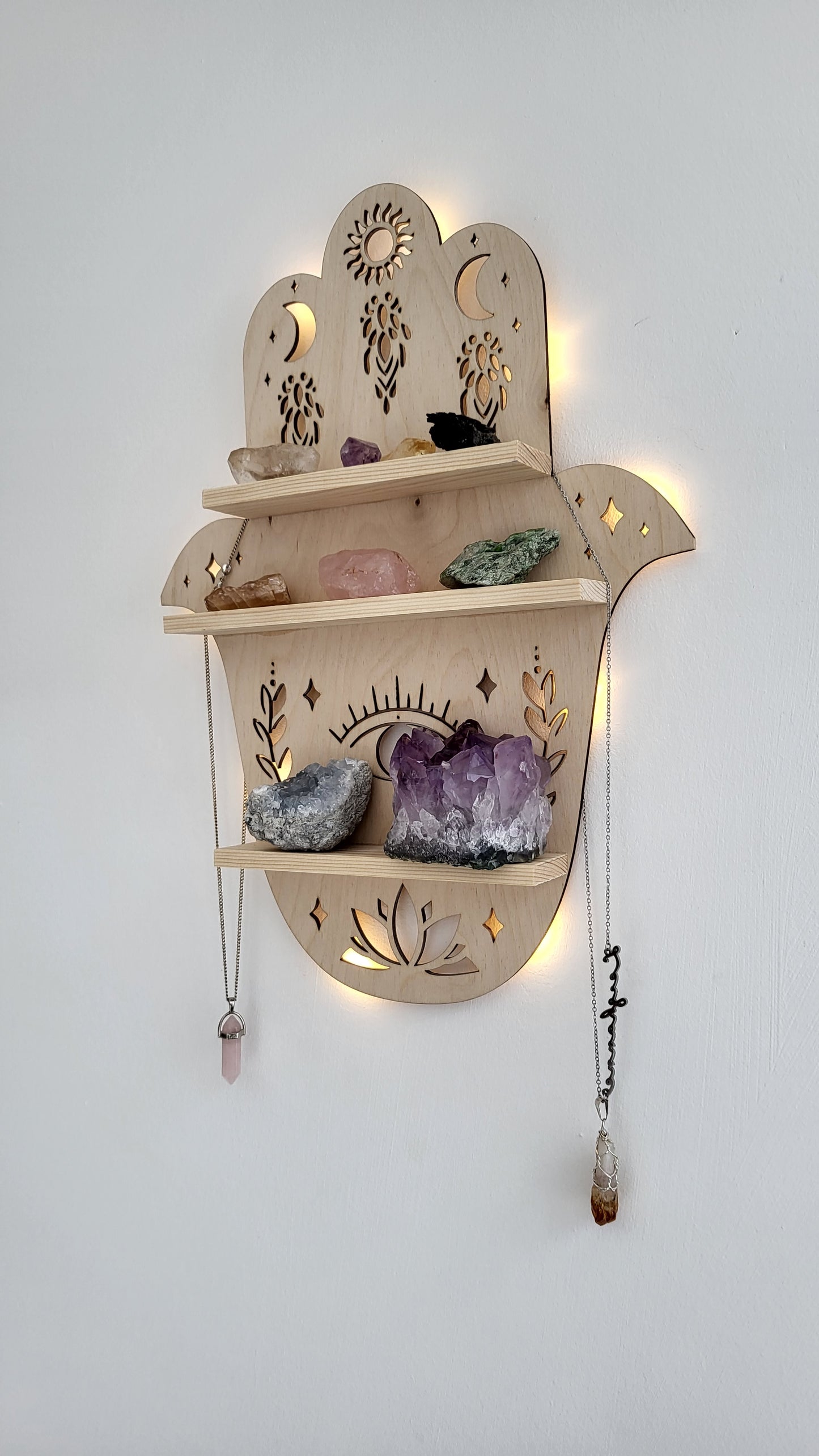 Hamsa Hand Crystal Shelf – Handcrafted Wooden Wall Shelf with LED Light – Unique Crystal Display and Home Décor