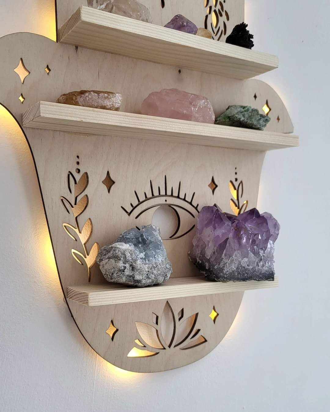 Hamsa Hand Crystal Shelf – Handcrafted Wooden Wall Shelf with LED Light – Unique Crystal Display and Home Décor