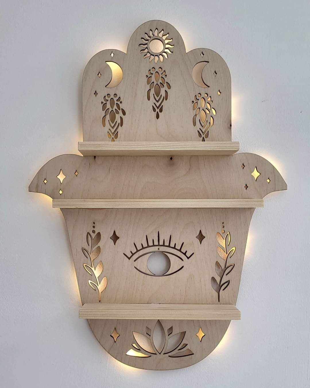 Hamsa Hand Crystal Shelf – Handcrafted Wooden Wall Shelf with LED Light – Unique Crystal Display and Home Décor