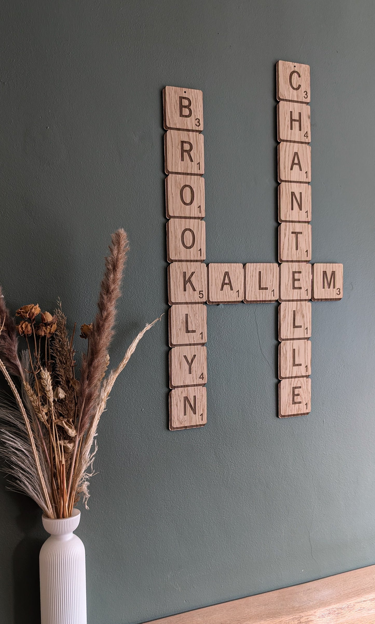 Personalised Wooden Scrabble Name Wall Art – Custom Family Name Decor | Handmade Sustainable Wooden Letter Tiles 5x5cm