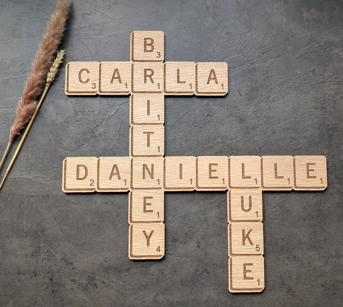 Personalised Wooden Scrabble Name Wall Art – Custom Family Name Decor | Handmade Sustainable Wooden Letter Tiles 5x5cm