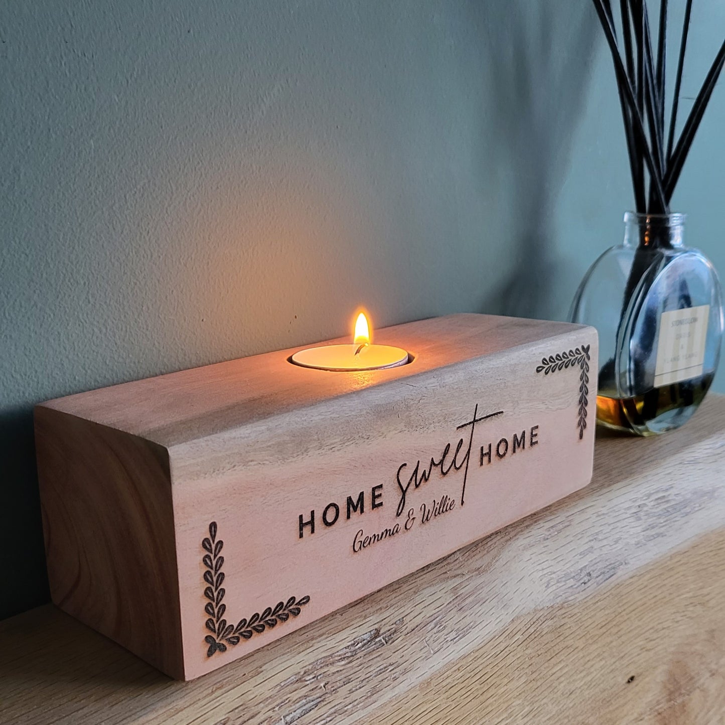 Personalised Hardwood Candle Holder – Custom Engraved 'Home Sweet Home' Tealight Holder with Names – Unique Gift for Home Décor