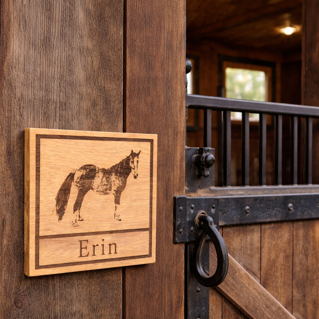 Wooden door sign with a horse illustration and name 'Erin' on a wooden panel.