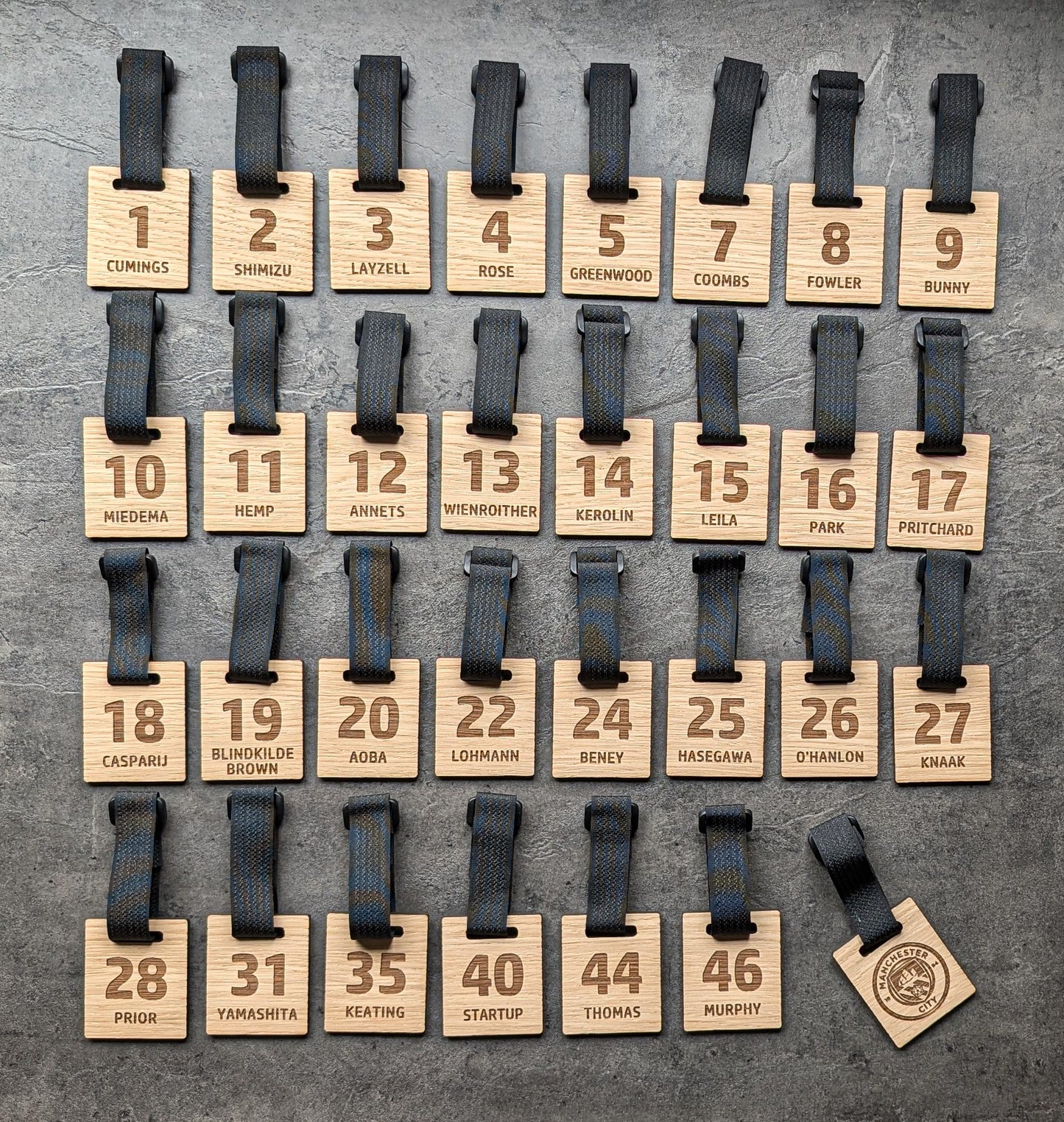 Personalised Wooden Rug sack tags with Custom name and or logo – Engraved Oak Veneer Name Tag  – Unique Gift for Teams or back to school accessories