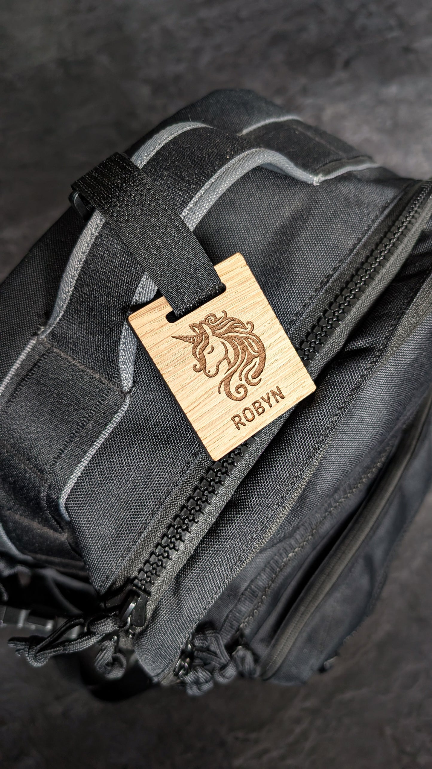 Personalised Wooden Rug sack tags with Custom name and or logo – Engraved Oak Veneer Name Tag  – Unique Gift for Teams or back to school accessories