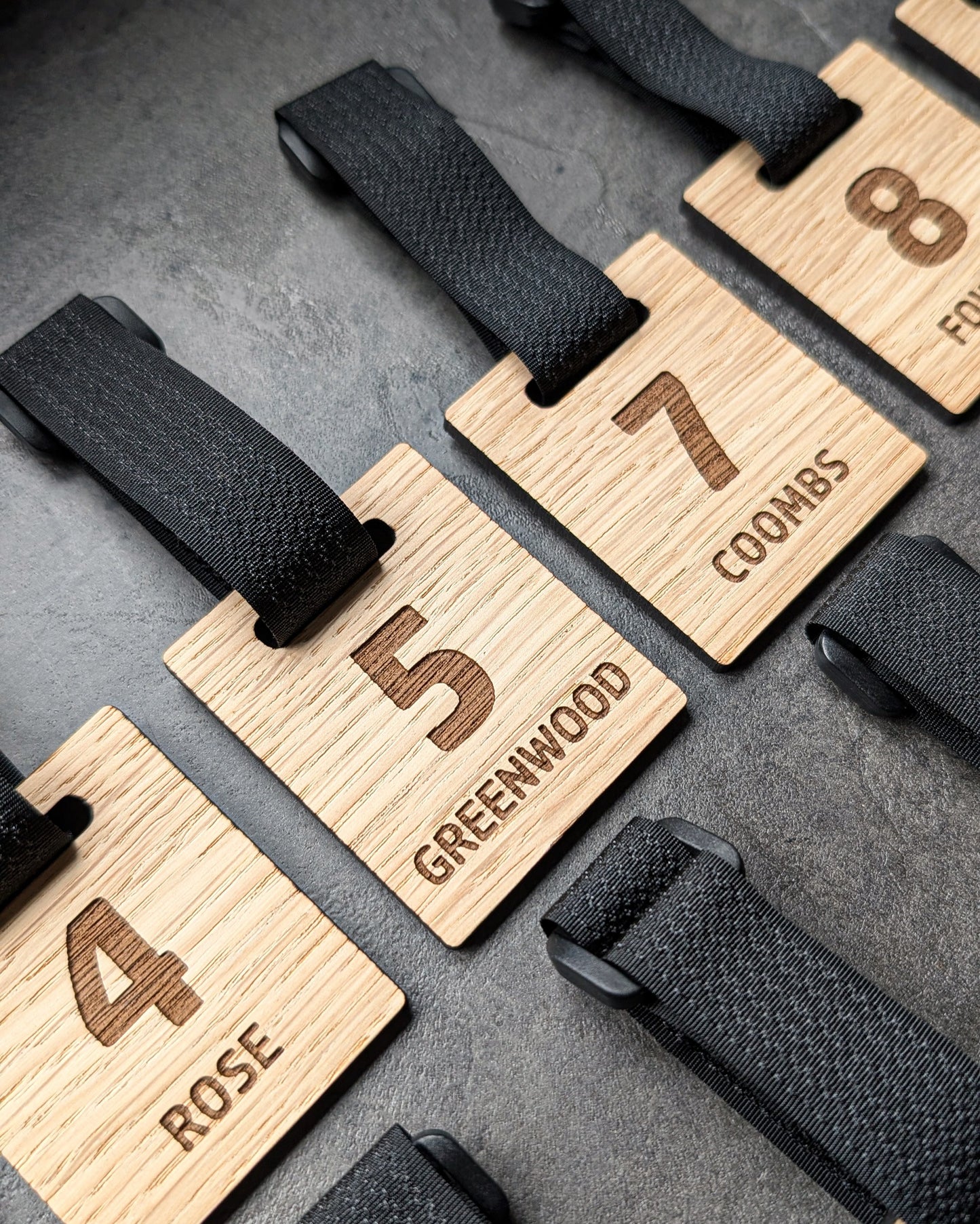 Personalised Wooden Rug sack tags with Custom name and or logo – Engraved Oak Veneer Name Tag  – Unique Gift for Teams or back to school accessories