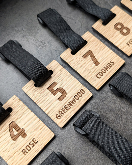 Personalised Wooden Rug sack tags with Custom name and or logo – Engraved Oak Veneer Name Tag  – Unique Gift for Teams or back to school accessories