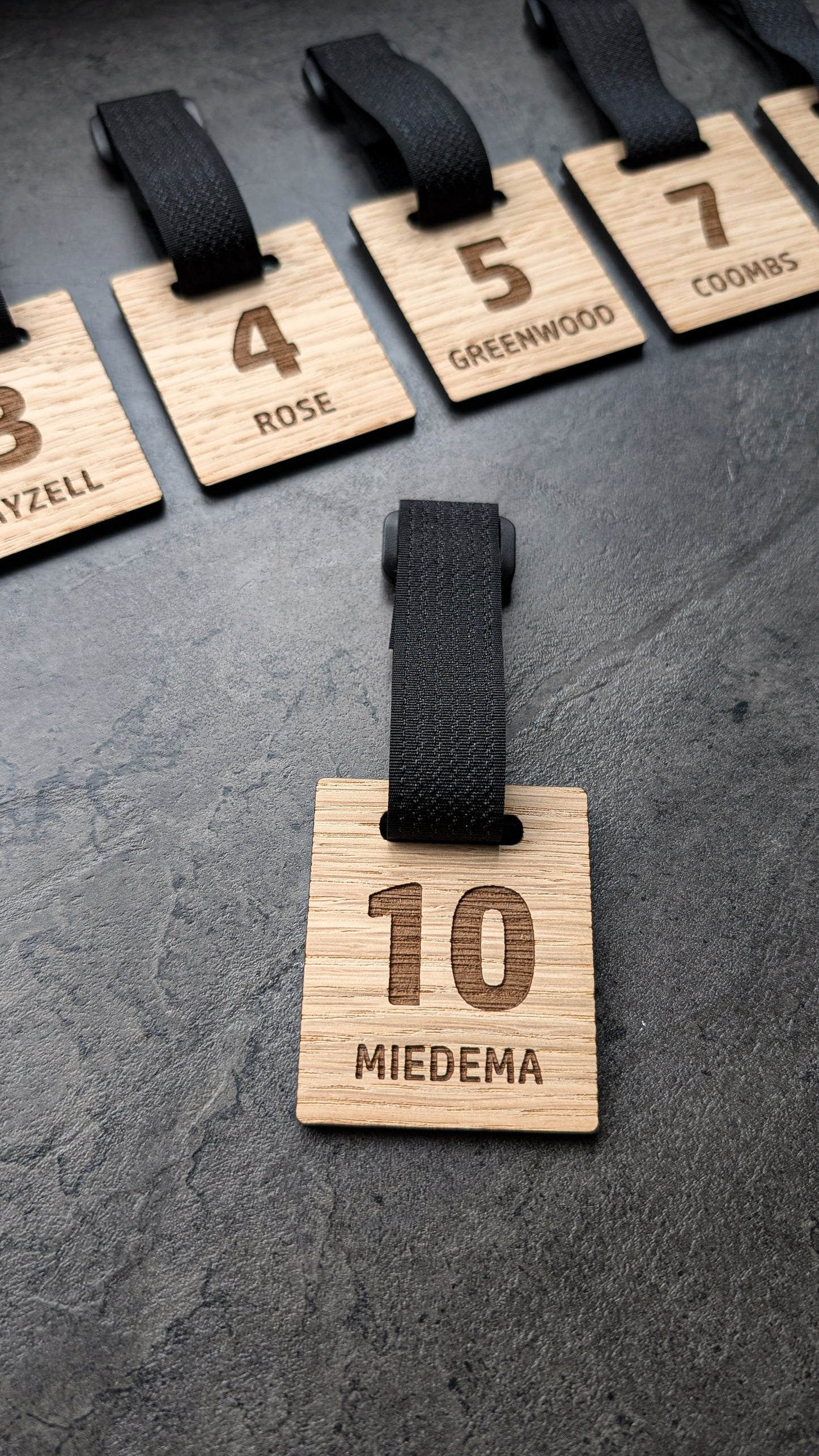 Personalised Wooden Rug sack tags with Custom name and or logo – Engraved Oak Veneer Name Tag  – Unique Gift for Teams or back to school accessories