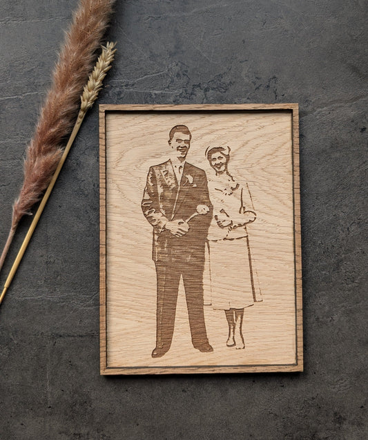 Personalised Wooden Picture with frame – Custom Engraved Oak Veneer with Your Photo & Text – Unique Keepsake Gift for Any Occasion